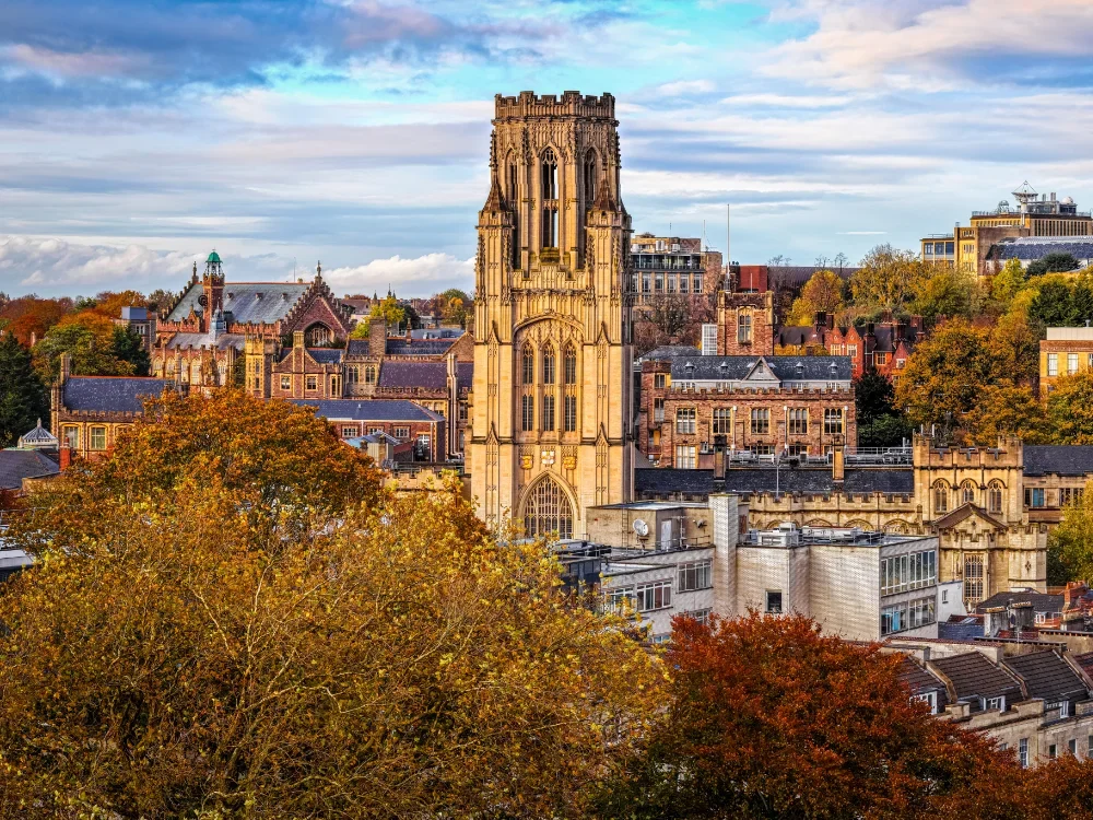 Bristol University’s Wills Memorial Building surrounded by historic city architecture.