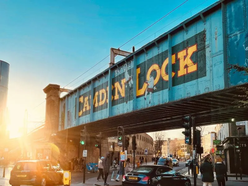 Camden Lock bridge over Chalk Farm Road at sunset, Camden